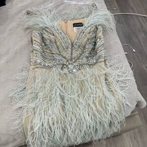 Jovani Silver and Cream Feathered Dress